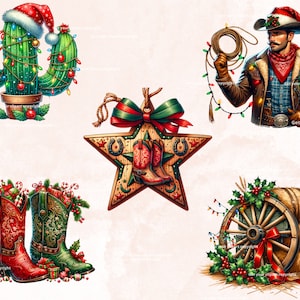 Op de afbeelding: Een set van vijf kerstthema-illustraties met een cactus versierd met lampjes en ornamenten, een cowboy met een kerstmanmuts, een stervormig ornament met een rode strik, een paar cowboylaarzen en een wagenwiel met hulst en bessen.
