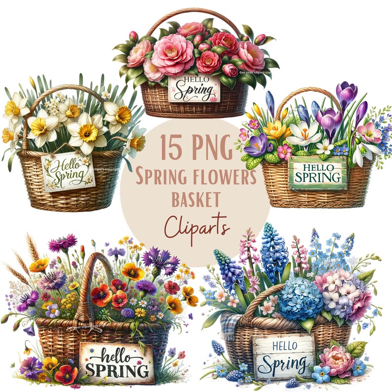 K&ouml;nnte beinhalten: Ein Set mit 15 digitalen Clipart-Bildern, die Fr&uuml;hlingsblumen in K&ouml;rben zeigen. Die K&ouml;rbe sind mit Schildern verziert, auf denen "Hello Spring" steht. Die Blumen umfassen Narzissen, Hyazinthen, Vergissmeinnicht und Kamelien.
