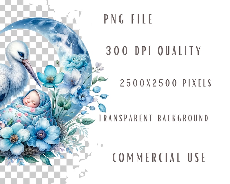 May include: A digital illustration of a white stork carrying a sleeping baby wrapped in a blue blanket. The stork is standing on a crescent moon with blue and white clouds. The background is a transparent checkered pattern.