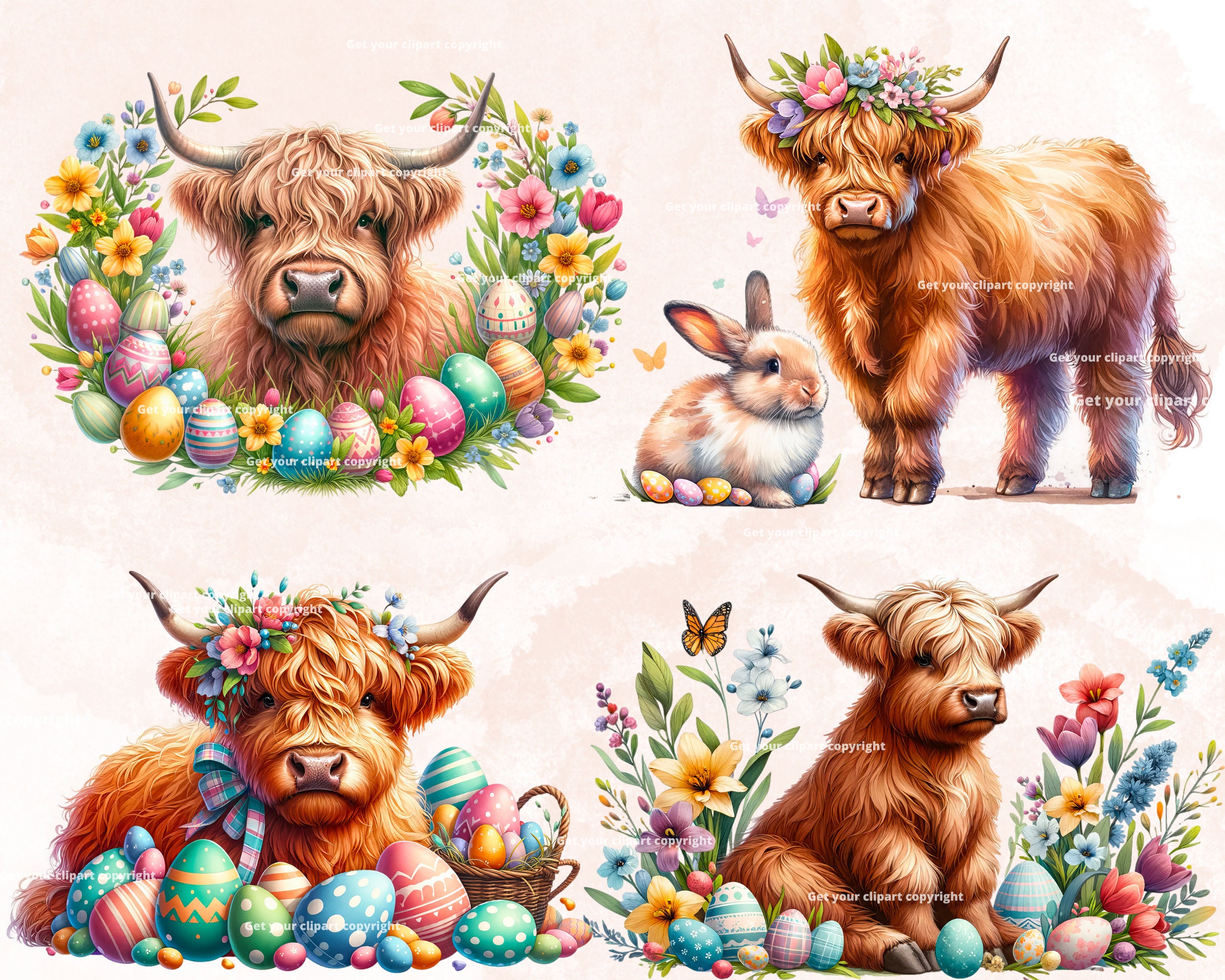 Easter Highland Cow Clipart Bundle, Scottish Highland Cow, Set of 12 ...
