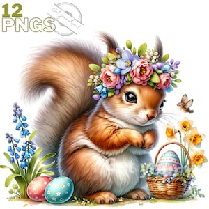 Set mit Illustrationen von Ostereichhörnchen, Ostercliparts für alle Ihre kreativen und professionellen Projekte, kommerzielle Nutzung inklusive