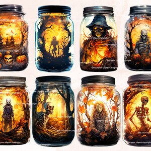 May include: Eight glass jars with black lids, each containing a different Halloween-themed scene. The scenes include a spooky house, a skeleton, a figure in a hooded cloak, and a figure in a forest. The jars are all lit from within, creating a warm glow.