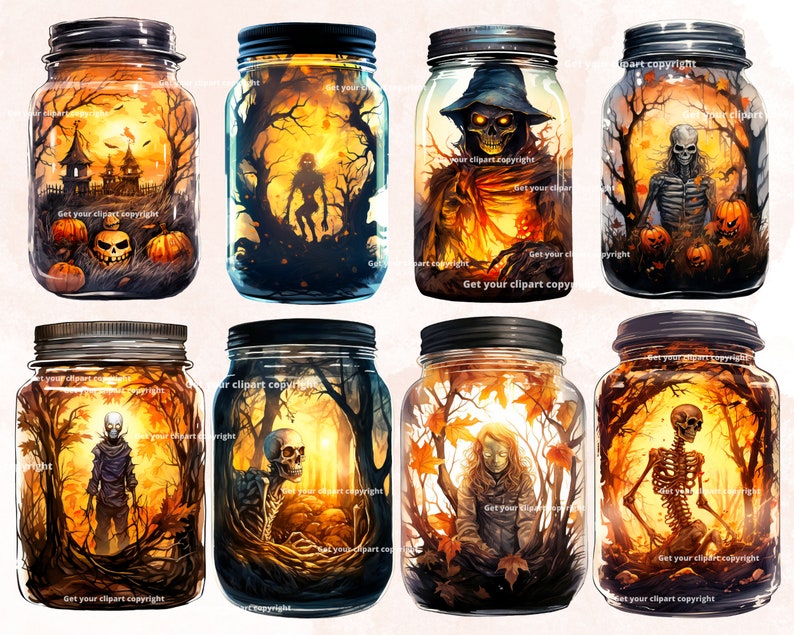 May include: Eight glass jars with black lids, each containing a different Halloween-themed scene. The scenes include a spooky house, a skeleton, a figure in a hooded cloak, and a figure in a forest. The jars are all lit from within, creating a warm glow.