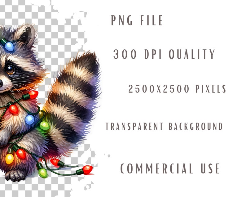 May include: A cartoon raccoon wearing a string of colourful Christmas lights. The raccoon is standing on a transparent background.