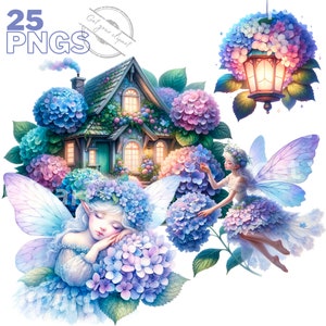 Ensemble d'illustrations de fées Hortensia, cliparts féériques pour tous vos projets créatifs et professionnels, usage commercial inclus
