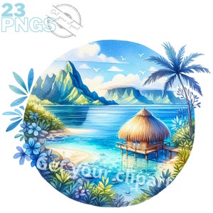 Ensemble de cliparts de paysages tropicaux, image de vacances pour vos projets créatifs, usage commercial inclus