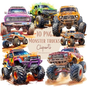 Set mit Monster-Truck-Illustrationen, Aquarell-Monster-Truck-Clipart für alle Ihre kreativen und professionellen Projekte
