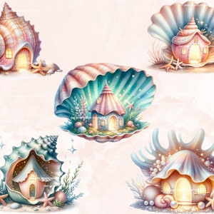 K&ouml;nnte beinhalten: Vier fantasievolle Illustrationen von Muschelh&auml;usern mit leuchtenden Fenstern und filigranen Details. Jedes Haus ist in einer gro&szlig;en Muschel mit perlmuttartigem Glanz eingebettet. Die Muscheln sind von Seesternen, Algen und anderen maritimen Elementen umgeben.