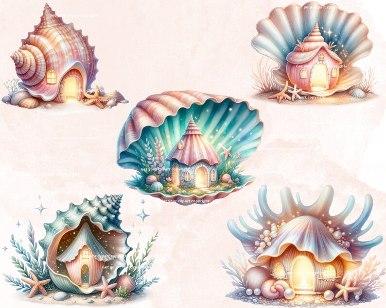 K&ouml;nnte beinhalten: Vier fantasievolle Illustrationen von Muschelh&auml;usern mit leuchtenden Fenstern und filigranen Details. Jedes Haus ist in einer gro&szlig;en Muschel mit perlmuttartigem Glanz eingebettet. Die Muscheln sind von Seesternen, Algen und anderen maritimen Elementen umgeben.