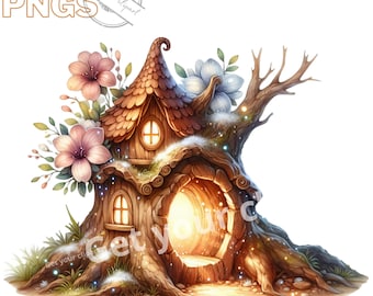 May include: A whimsical treehouse with a brown roof and a glowing window, nestled in a tree trunk with a large opening. The treehouse is decorated with pink and blue flowers and sparkling lights.