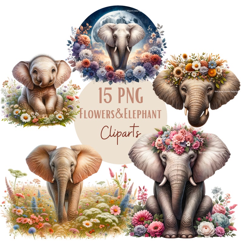 May include: A set of 15 digital clipart images featuring cute baby elephants with floral crowns and flower arrangements. The images are in PNG format and are perfect for crafting, scrapbooking, and other creative projects.