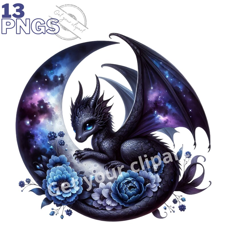May include: A small, black dragon with blue eyes sits on a crescent moon with a galaxy design. The moon is surrounded by blue flowers.