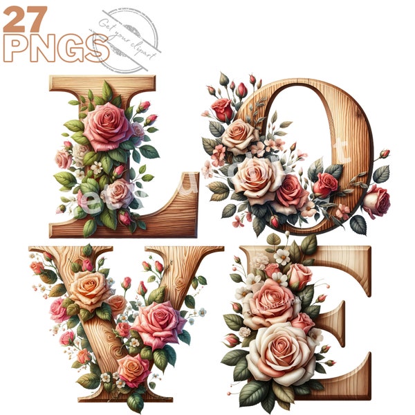 Ensemble de lettres d'alphabet pour mariage, clipart de mariage pour tous vos projets créatifs et professionnels, usage commercial inclus