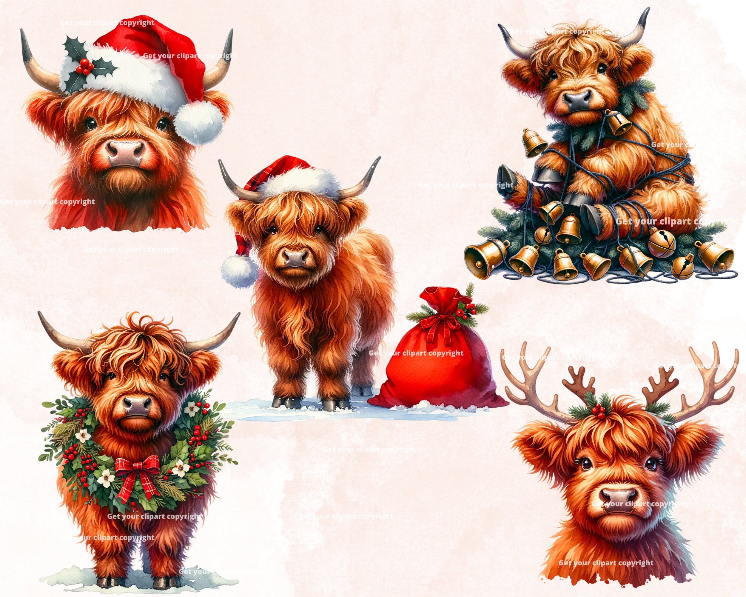 Christmas Highland Cow Clipart Bundle, Scottish Highland Cow, Set of 10 ...
