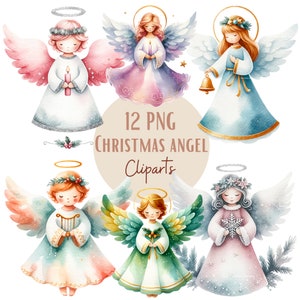 Set di illustrazioni di angeli di Natale, clipart natalizie ad acquerello per tutti i tuoi progetti creativi e professionali