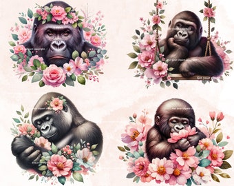 絵画　キャンバスプリント　ゴリラ　女の子　花 花のゴリラ画像、創造的なプロジェクト用のかわいいゴリラの PNG 画像