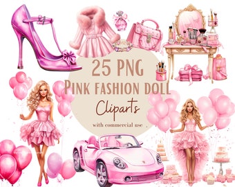 Pink fashion doll graphics, Doll clipart bundle, Girl doll png designs, Transparent Background, Commercial Use, Set of 10