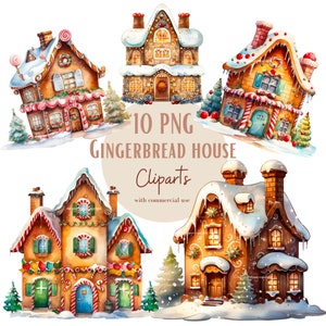 Ensemble d'illustrations de maisons en pain d'épices, Cliparts de noël façon aquarelle pour tous vos projets créatifs et professionnels