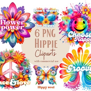Ensemble d'illustrations Hippies, Cliparts hippies façon aquarelle pour tous vos projets créatifs et professionnels