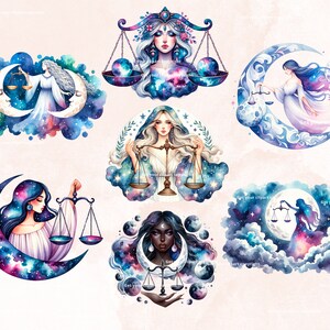 May include: Six watercolor illustrations of zodiac signs, each featuring a woman holding a scale and surrounded by a crescent moon and stars. The signs are Libra, Libra, Libra, Libra, Libra, and Libra.