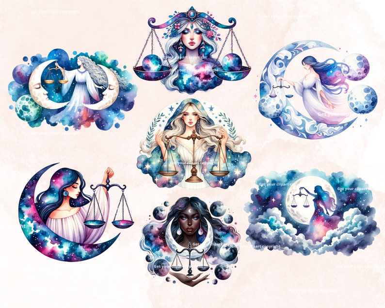 May include: Six watercolor illustrations of zodiac signs, each featuring a woman holding a scale and surrounded by a crescent moon and stars. The signs are Libra, Libra, Libra, Libra, Libra, and Libra.