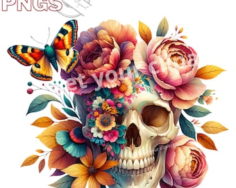 Fall Floral Skull clipart bundle, Skull png designs, Fall clipart, Autumn, Moth graphics, Transparent background, Commercial use