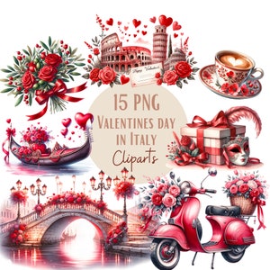 Ensemble d'illustrations de Saint-Valentin en Italie, Cliparts romantiques façon aquarelle pour tous vos projets créatifs et professionnels