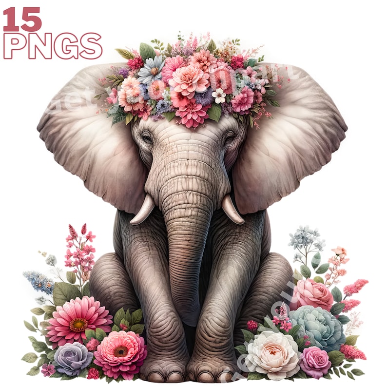 May include: A gray elephant with a pink and white flower crown sits on a bed of pink, white, and blue flowers.
