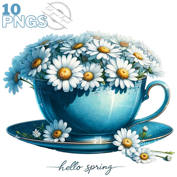 Blue Daisy tea time clipart bundle, Spring graphics, Spring png, Daisy clipart, with Transparent background and Commercial use