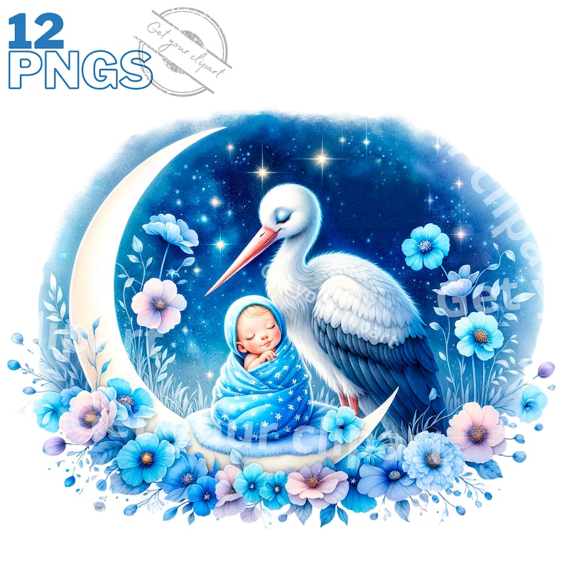 May include: A white stork with a blue and white baby nestled in a crescent moon. The scene is set against a dark blue night sky with stars and blue flowers.