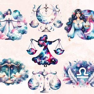 May include: Watercolor illustrations of the zodiac sign Libra. Each illustration features a scale, a crescent moon, and a galaxy-like background. One illustration features a woman with long hair and a crown of flowers.