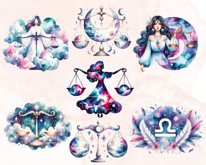 May include: Watercolor illustrations of the zodiac sign Libra. Each illustration features a scale, a crescent moon, and a galaxy-like background. One illustration features a woman with long hair and a crown of flowers.
