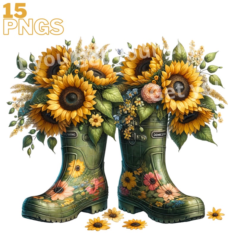 May include: Two green rain boots with floral patterns are filled with sunflowers and other yellow flowers. The boots are on a white background.