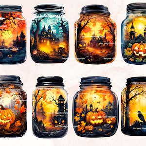 May include: Eight mason jars with a Halloween theme. Each jar contains a different scene with a spooky forest, a haunted house, a jack-o-lantern, and a raven. The jars are painted with a watercolor effect.