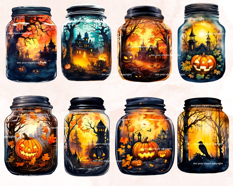 May include: Eight mason jars with a Halloween theme. Each jar contains a different scene with a spooky forest, a haunted house, a jack-o-lantern, and a raven. The jars are painted with a watercolor effect.