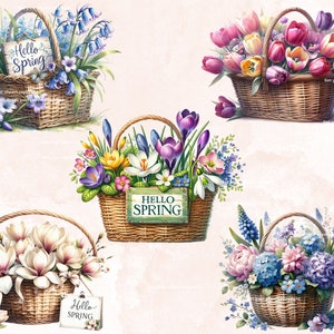K&ouml;nnte beinhalten: F&uuml;nf Weidenk&ouml;rbe gef&uuml;llt mit Fr&uuml;hlingsblumen. Die K&ouml;rbe sind mit Schildern verziert, auf denen "Hello Spring" steht. Die Blumen umfassen Blausternchen, Krokusse, Tulpen, Magnolien und Hortensien.