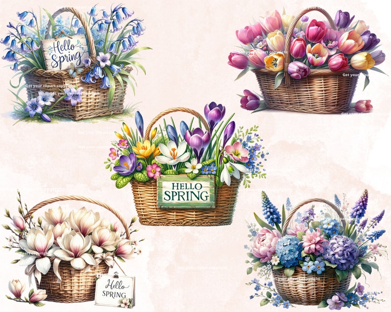K&ouml;nnte beinhalten: F&uuml;nf Weidenk&ouml;rbe gef&uuml;llt mit Fr&uuml;hlingsblumen. Die K&ouml;rbe sind mit Schildern verziert, auf denen "Hello Spring" steht. Die Blumen umfassen Blausternchen, Krokusse, Tulpen, Magnolien und Hortensien.