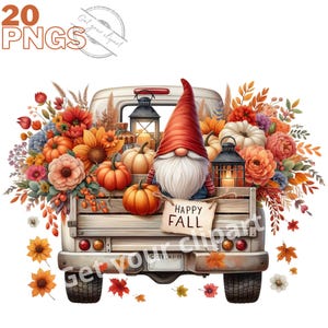 Images de camion d'automne et de gnomes, Images PNG d'automne pour vos projets créatifs ou professionnels, usage commercial inclus