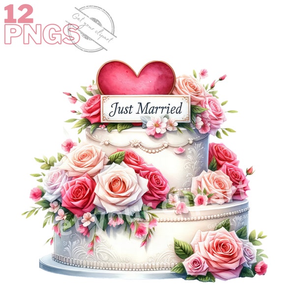 Wedding cake Clipart Bundle, Wedding PNG Designs, Wedding Invitations, Transparent background, Commercial use, Set of 12