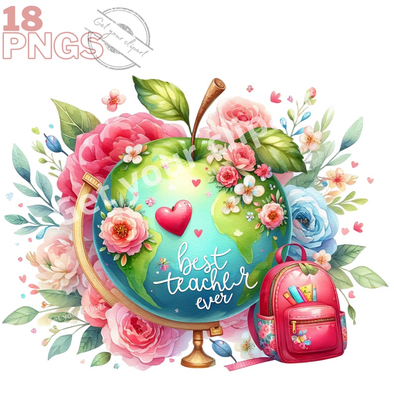 Puede incluir: Un globo terr&aacute;queo verde con un coraz&oacute;n rojo y las palabras "mejor maestro de todos los tiempos" rodeado de flores rosas y azules. Una mochila rosa con cremallera y una regla y l&aacute;pices en su interior se encuentra a la derecha del globo.