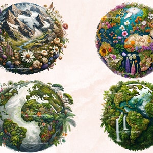 Peut inclure: Quatre illustrations diff&eacute;rentes de la Terre, chacune avec un paysage et une flore uniques. La premi&egrave;re montre une cha&icirc;ne de montagnes avec des sommets enneig&eacute;s, la deuxi&egrave;me pr&eacute;sente une for&ecirc;t luxuriante et verte, la troisi&egrave;me repr&eacute;sente un d&eacute;sert avec des cactus et des succulentes, et la quatri&egrave;me met en sc&egrave;ne une for&ecirc;t tropicale avec des cascades.