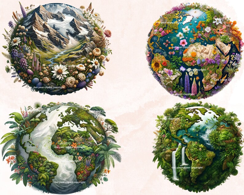 Peut inclure: Quatre illustrations diff&eacute;rentes de la Terre, chacune avec un paysage et une flore uniques. La premi&egrave;re montre une cha&icirc;ne de montagnes avec des sommets enneig&eacute;s, la deuxi&egrave;me pr&eacute;sente une for&ecirc;t luxuriante et verte, la troisi&egrave;me repr&eacute;sente un d&eacute;sert avec des cactus et des succulentes, et la quatri&egrave;me met en sc&egrave;ne une for&ecirc;t tropicale avec des cascades.