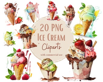 Ice cream watercolor, Ice cream clipart for creative projects, Ice cream watercolor clipart, sweets clipart, summer clipart