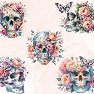 May include: Four colorful floral skull illustrations with butterflies. The skulls are surrounded by pink, white, and blue flowers.