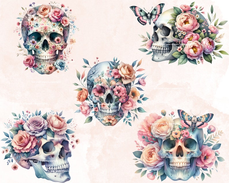 May include: Four colorful floral skull illustrations with butterflies. The skulls are surrounded by pink, white, and blue flowers.
