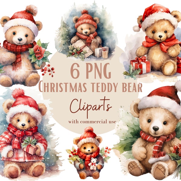 Christmas Teddy Bear Clipart Bundle, Watercolor Bear Ornaments, Festive Christmas Graphics, Set of 6 with commercial use