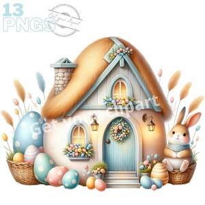 Ensemble d'illustrations de maisons de Pâques pour tous vos projets créatifs et professionnels, usage commercial inclus