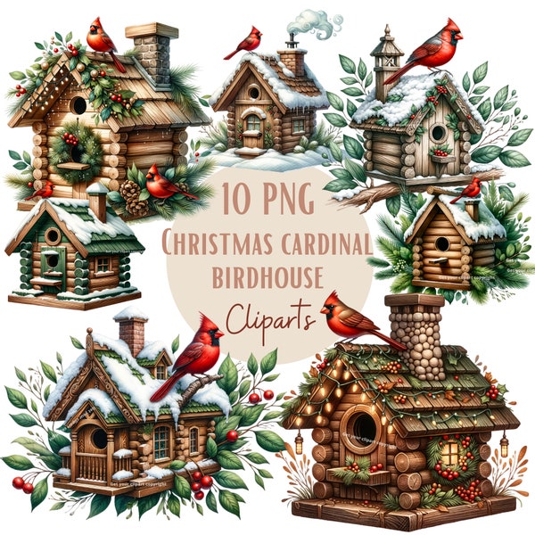 Christmas Cardinal Birdhouse clipart bundle, Watercolor birdhouses, Winter clipart, Cardinal bird, Transparent background, Commercial use