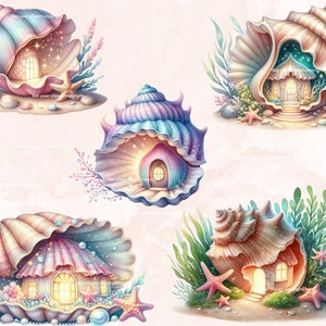 K&ouml;nnte beinhalten: Vier Illustrationen von fantasievollen Muschelh&auml;usern mit leuchtenden Fenstern und filigranen Details. Jedes Haus ist von Seegras, Seesternen und Perlen umgeben und schafft eine magische Unterwasser-Szene.
