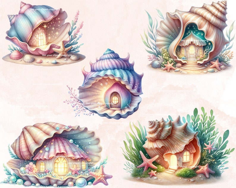 K&ouml;nnte beinhalten: Vier Illustrationen von fantasievollen Muschelh&auml;usern mit leuchtenden Fenstern und filigranen Details. Jedes Haus ist von Seegras, Seesternen und Perlen umgeben und schafft eine magische Unterwasser-Szene.